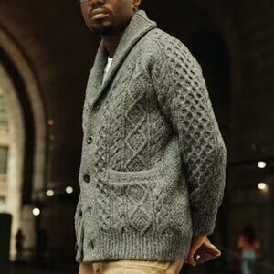Huckberry Flint and Tinder Aran Cable Knit Cardigan Sweater Heather Charcoal S